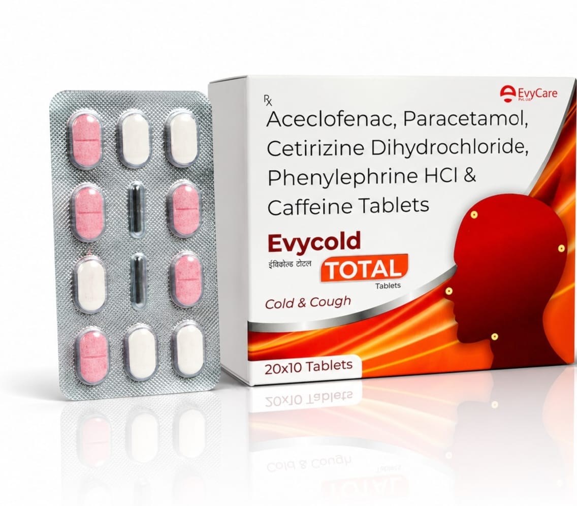 Aceclofenac 100mg + Paracetamol 325mg + Cetirizine Dihydrochloride 10mg +  Phenylephrine Hydrochloride 5mg + Caffeine 25mg