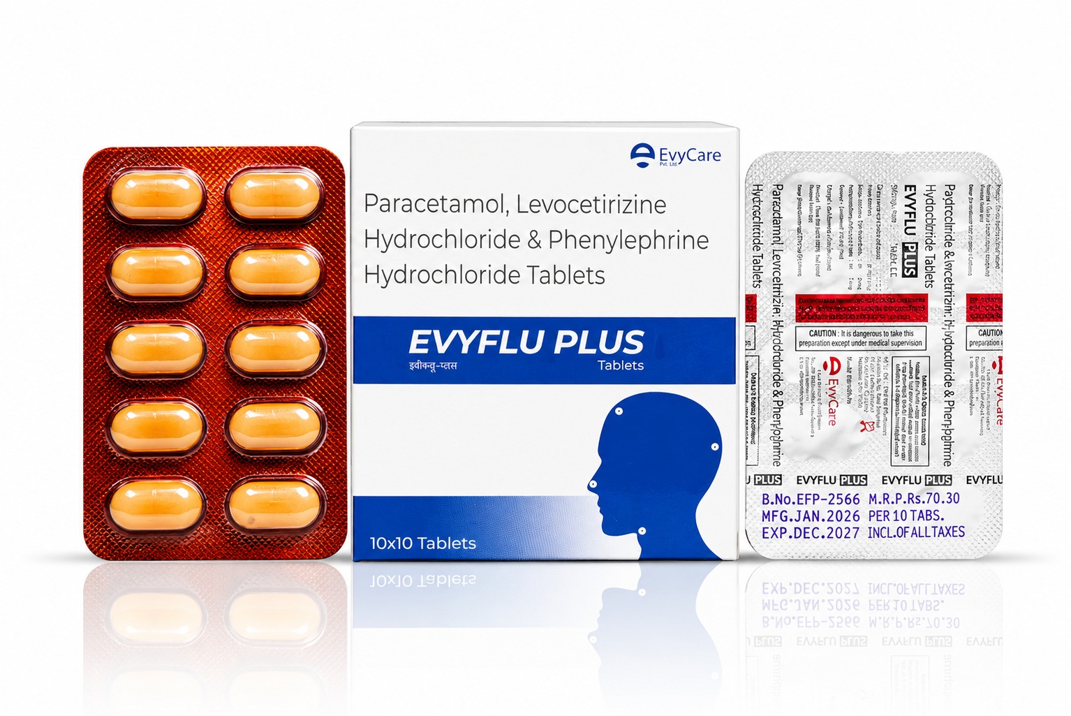 Paracetamol 500mg + Phenylepherine Hcl 5mg + Levocetirizine Hcl 5mg Tablets